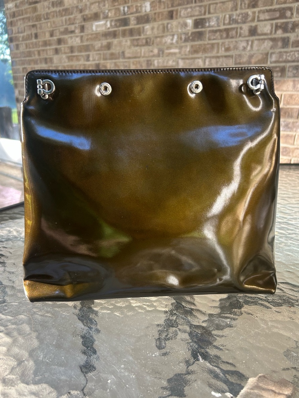 Salvatore Ferragamo DJ-21 6722 Metallic Patent Gancini Convertible Tote Bag
